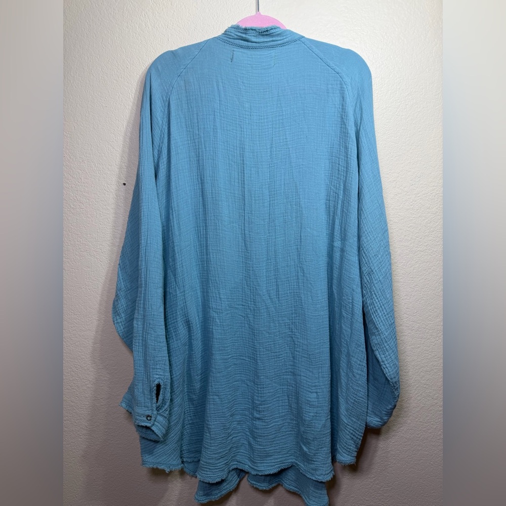 FREE PEOPLE Summer Daydream Tunic Button Blouse Top XL Teal Gauzy Spring - Picture 4 of 5